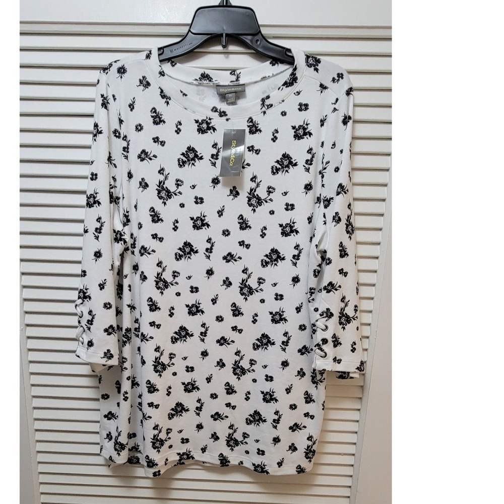 Style&Co Womens 2X Floral Knit Top White Black 3/4 Lace Up Sleeve simple casual